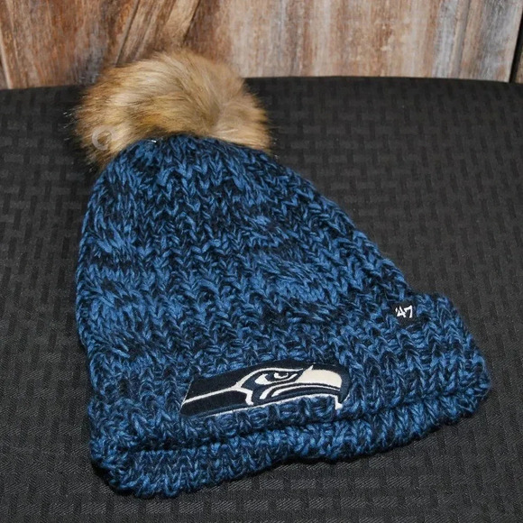 47 Brand NFL Seattle Seahawks Navy Meeko Cuff Pom Beanie - Picture 2 of 6